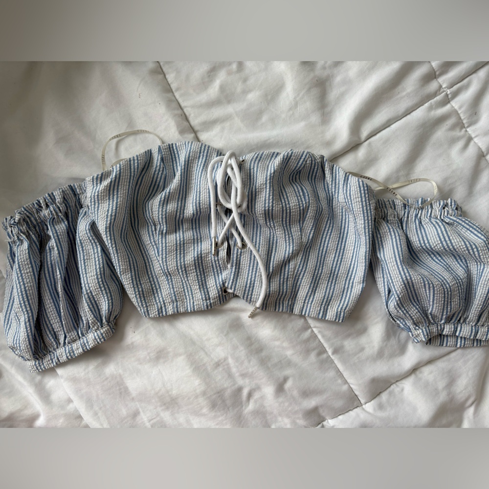 Blue and white striped top with mini sleeves